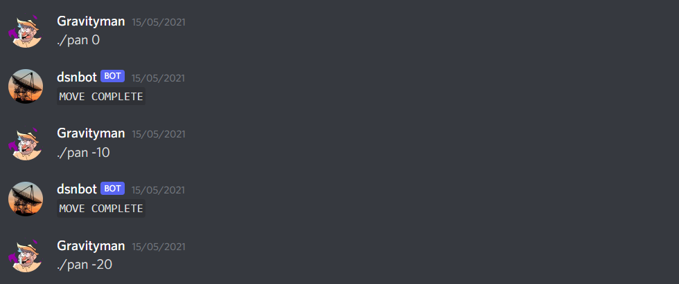 Screenshot of several discord messages that are controlling the arm.