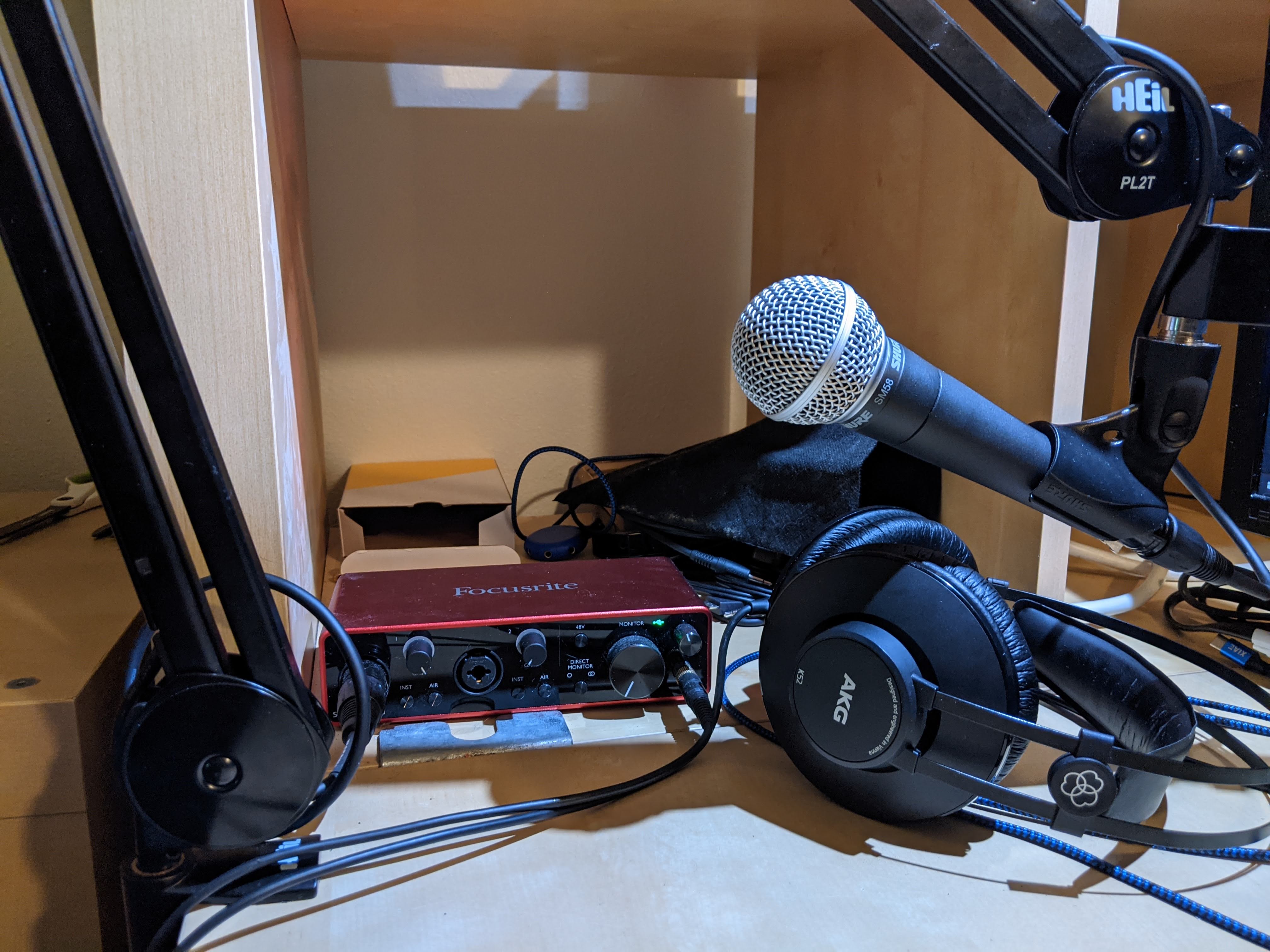 Image of my mic arm and audio interface.